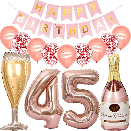 Feelairy Luftballon 45. Geburtstag Deko Frau, Rosegold Folienballon Weinflasche Sektflasche Helium Ballon Champagner Flasche, Girlande Happy Birthday Deko für Geburtstagsdeko 45 Jahre Frauen von Feelairy