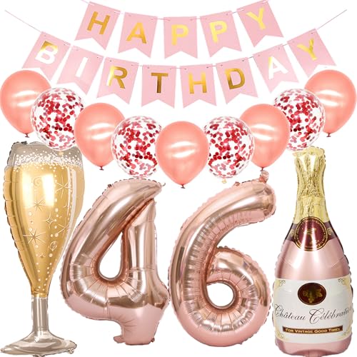 Feelairy Luftballon 46. Geburtstag Deko Frau, Rosegold Folienballon Weinflasche Sektflasche Helium Ballon Champagner Flasche, Girlande Happy Birthday Deko für Geburtstagsdeko 46 Jahre Frauen von Feelairy