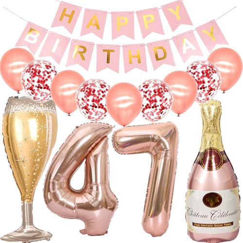 Feelairy Luftballon 47. Geburtstag Deko Frau, Rosegold Folienballon Weinflasche Sektflasche Helium Ballon Champagner Flasche, Girlande Happy Birthday Deko für Geburtstagsdeko 47 Jahre Frauen von Feelairy