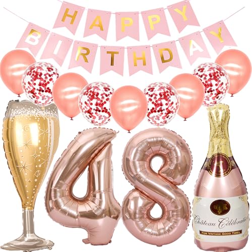 Feelairy Luftballon 48. Geburtstag Deko Frau, Rosegold Folienballon Weinflasche Sektflasche Helium Ballon Champagner Flasche, Girlande Happy Birthday Deko für Geburtstagsdeko 48 Jahre Frauen von Feelairy