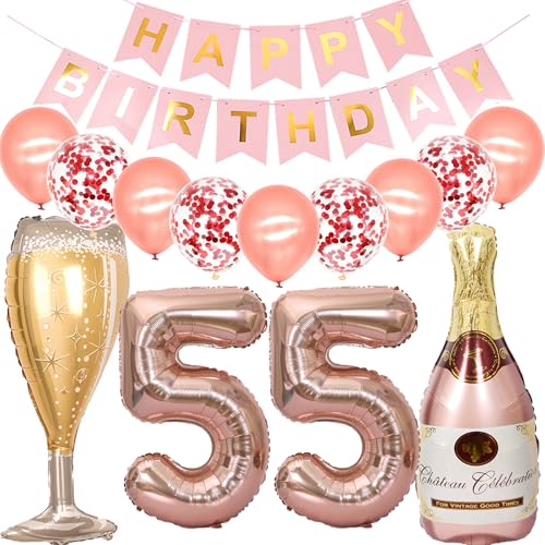 Feelairy Luftballon 55. Geburtstag Deko Frau, Rosegold Folienballon Weinflasche Sektflasche Helium Ballon Champagner Flasche, Girlande Happy Birthday Deko für Geburtstagsdeko 55 Jahre Frauen von Feelairy