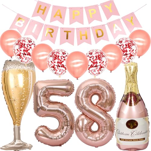 Feelairy Luftballon 58. Geburtstag Deko Frau, Rosegold Folienballon Weinflasche Sektflasche Helium Ballon Champagner Flasche, Girlande Happy Birthday Deko für Geburtstagsdeko 58 Jahre Frauen von Feelairy