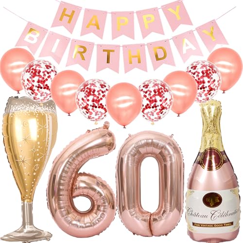 Feelairy Luftballon 60. Geburtstag Deko Frau, Rosegold Folienballon Weinflasche Sektflasche Helium Ballon Champagner Flasche, Girlande Happy Birthday Deko für Geburtstagsdeko 60 Jahre Frauen von Feelairy