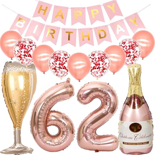 Feelairy Luftballon 62. Geburtstag Deko Frau, Rosegold Folienballon Weinflasche Sektflasche Helium Ballon Champagner Flasche, Girlande Happy Birthday Deko für Geburtstagsdeko 62 Jahre Frauen von Feelairy