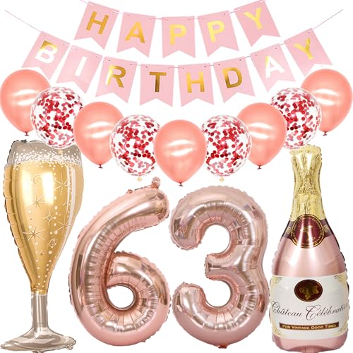 Feelairy Luftballon 63. Geburtstag Deko Frau, Rosegold Folienballon Weinflasche Sektflasche Helium Ballon Champagner Flasche, Girlande Happy Birthday Deko für Geburtstagsdeko 63 Jahre Frauen von Feelairy