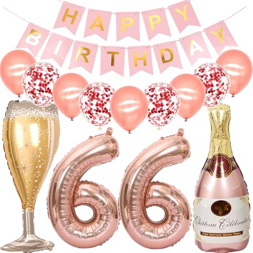 Feelairy Luftballon 66. Geburtstag Deko Frau, Rosegold Folienballon Weinflasche Sektflasche Helium Ballon Champagner Flasche, Girlande Happy Birthday Deko für Geburtstagsdeko 66 Jahre Frauen von Feelairy