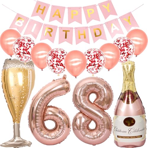 Feelairy Luftballon 68. Geburtstag Deko Frau, Rosegold Folienballon Weinflasche Sektflasche Helium Ballon Champagner Flasche, Girlande Happy Birthday Deko für Geburtstagsdeko 68 Jahre Frauen von Feelairy