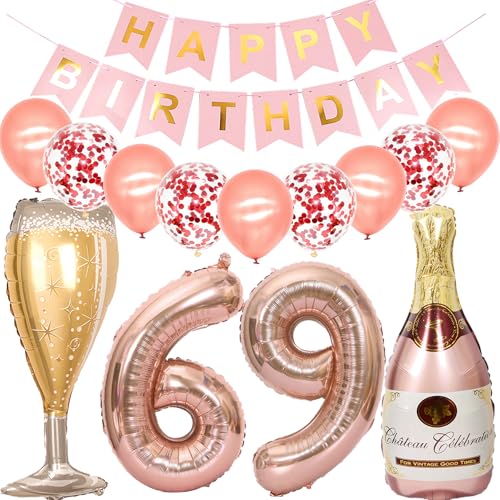 Feelairy Luftballon 69. Geburtstag Deko Frau, Rosegold Folienballon Weinflasche Sektflasche Helium Ballon Champagner Flasche, Girlande Happy Birthday Deko für Geburtstagsdeko 69 Jahre Frauen von Feelairy