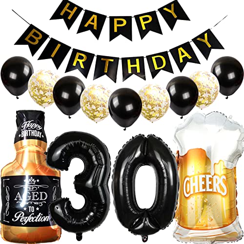 Feelairy Luftballons 30. Geburtstag Deko, Geburtstagsdeko 30 Jahre Mann Frau, Folienballon Whiskey Bierglas Ballon Weinflasche Bier Deko, Happy Birthday Banner für 30 Jahre Geburtstag Party Deko Set von Feelairy