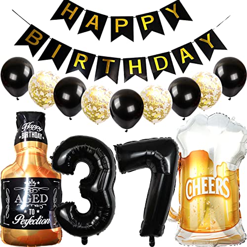 Feelairy Luftballons 37. Geburtstag Deko, Geburtstagsdeko 37 Jahre Mann Frau, Folienballon Whiskey Bierglas Ballon Weinflasche Bier Deko, Happy Birthday Banner für 37 Jahre Geburtstag Party Deko Set von Feelairy