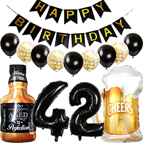 Feelairy Luftballons 42. Geburtstag Deko, Geburtstagsdeko 42 Jahre Mann Frau, Folienballon Whiskey Bierglas Ballon Weinflasche Bier Deko, Happy Birthday Banner für 42 Jahre Geburtstag Party Deko Set von Feelairy