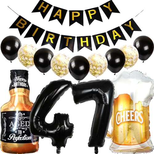 Feelairy Luftballons 47. Geburtstag Deko, Geburtstagsdeko 47 Jahre Mann Frau, Folienballon Whiskey Bierglas Ballon Weinflasche Bier Deko, Happy Birthday Banner für 47 Jahre Geburtstag Party Deko Set von Feelairy