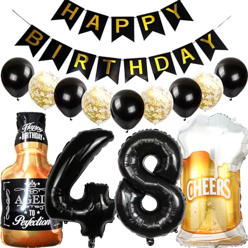 Feelairy Luftballons 48. Geburtstag Deko, Geburtstagsdeko 48 Jahre Mann Frau, Folienballon Whiskey Bierglas Ballon Weinflasche Bier Deko, Happy Birthday Banner für 48 Jahre Geburtstag Party Deko Set von Feelairy