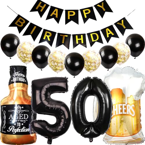 Feelairy Luftballons 50. Geburtstag Deko, Geburtstagsdeko 50 Jahre Mann Frau, Folienballon Whiskey Bierglas Ballon Weinflasche Bier Deko, Happy Birthday Banner für 50 Jahre Geburtstag Party Deko Set von Feelairy