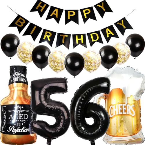 Feelairy Luftballons 56. Geburtstag Deko, Geburtstagsdeko 56 Jahre Mann Frau, Folienballon Whiskey Bierglas Ballon Weinflasche Bier Deko, Happy Birthday Banner für 56 Jahre Geburtstag Party Deko Set von Feelairy