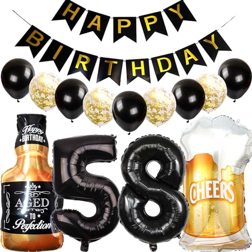 Feelairy Luftballons 58. Geburtstag Deko, Geburtstagsdeko 58 Jahre Mann Frau, Folienballon Whiskey Bierglas Ballon Weinflasche Bier Deko, Happy Birthday Banner für 58 Jahre Geburtstag Party Deko Set von Feelairy