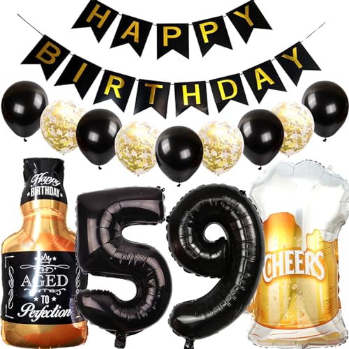 Feelairy Luftballons 59. Geburtstag Deko, Geburtstagsdeko 59 Jahre Mann Frau, Folienballon Whiskey Bierglas Ballon Weinflasche Bier Deko, Happy Birthday Banner für 59 Jahre Geburtstag Party Deko Set von Feelairy