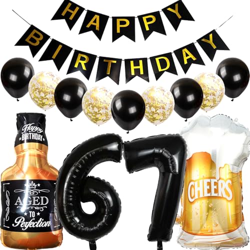 Feelairy Luftballons 67. Geburtstag Deko, Geburtstagsdeko 67 Jahre Mann Frau, Folienballon Whiskey Bierglas Ballon Weinflasche Bier Deko, Happy Birthday Banner für 67 Jahre Geburtstag Party Deko Set von Feelairy