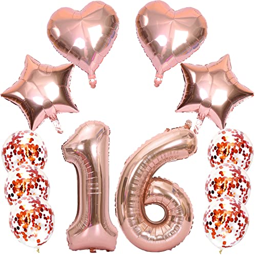 Feelairy Luftballons Zahl 16 Rosegold Folienballon Nummer 16, Helium Ballons Herz Sterne Roségold, Ballons Konfetti Rosegold, Zahlenballon 16 für Geburtstag Mädchen Party Deko von Feelairy
