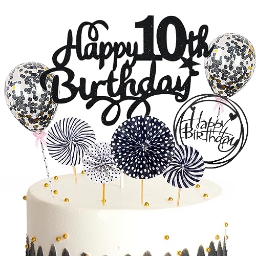 Feelairy Tortendeko 10. Geburtstag Mädchen Jungen, Schwarz Kuchen Deko 10. Geburtstag Mädchen Jungen Cake Topper Happy Birthday Ballon Konfetti für Geburtstagstorte Deko 10 Jahre Kinder von Feelairy