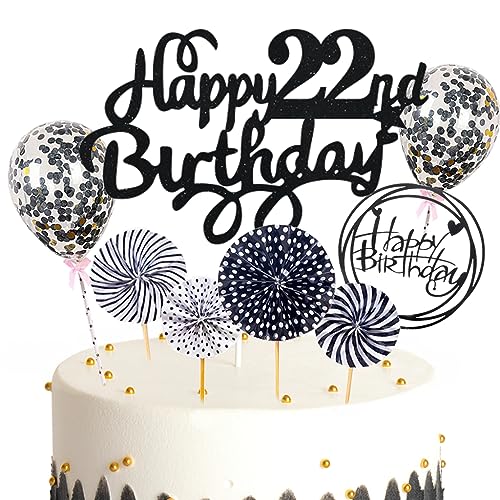 Feelairy Tortendeko 22. Geburtstag Mädchen Jungen, Schwarz Kuchen Deko 22. Geburtstag Mädchen Jungen Cake Topper Happy Birthday Ballon Konfetti für Geburtstagstorte Deko 22 Jahre Kinder von Feelairy