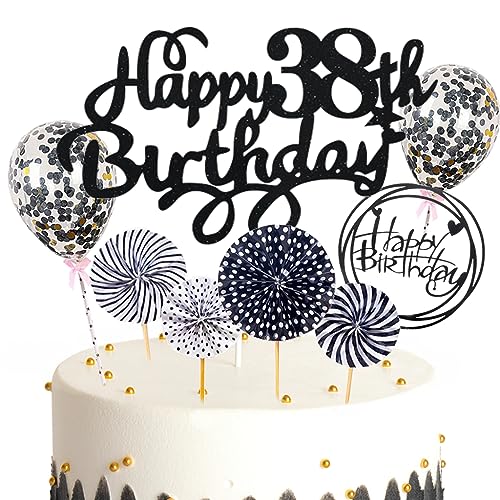 Feelairy Tortendeko Happy Birthday Deko Kuchendeko 38. Geburtstag Mann Frau, Schwarz Kuchen Topper 38. Geburtstag, Cake Topper Happy Birthday Ballon für Geburtstagstorte Deko 38 Jahre Frauen Männer von Feelairy