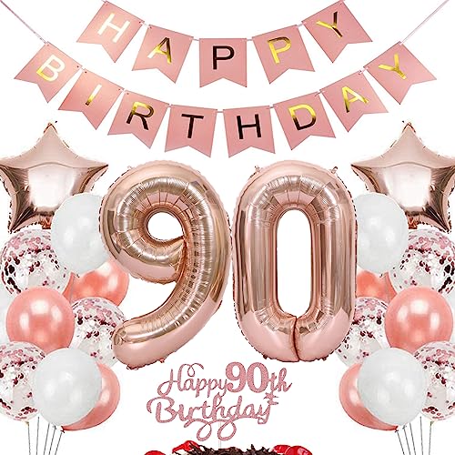 Feelairy Geburtstagsdeko 90 Jahre Frauen, Rosegold Luftballon 90. Geburtstag Deko Frau, Tortendeko Happy 90th Birthday Deko 90 Jahre Frauen, Ballon 90. Geburtstag Frau Party Dekoration Set von Feelairy