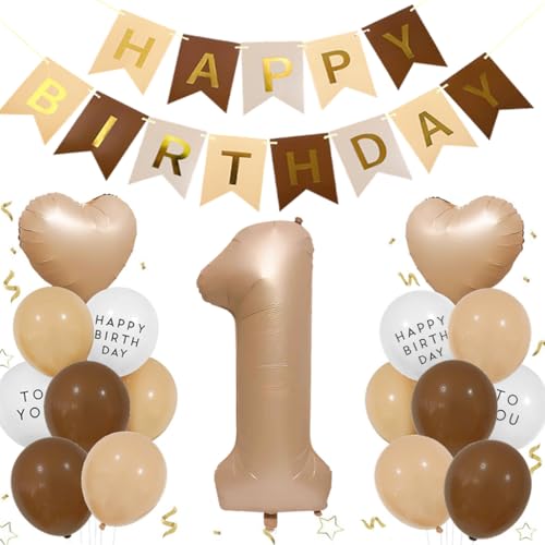 Luftballon 1. Geburtstag Mädchen, Folienballon 1 Braun Deko 1. Geburtstag Junge, Geburtstagsdeko Beige Braun Ballons Beige Aprikose Herz Ballons Happy Birthday Deko für 1 Jahr Mädchen Junge von Feelairy