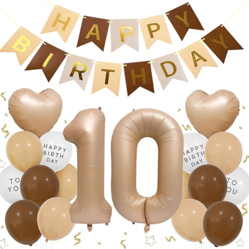 Luftballon 10. Geburtstag Mädchen, Folienballon 10 Braun Deko 10. Geburtstag Junge, Geburtstagsdeko Beige Braun Ballons Beige Aprikose Herz Ballons Happy Birthday Deko für 10 Jahre Mädchen Junge von Feelairy