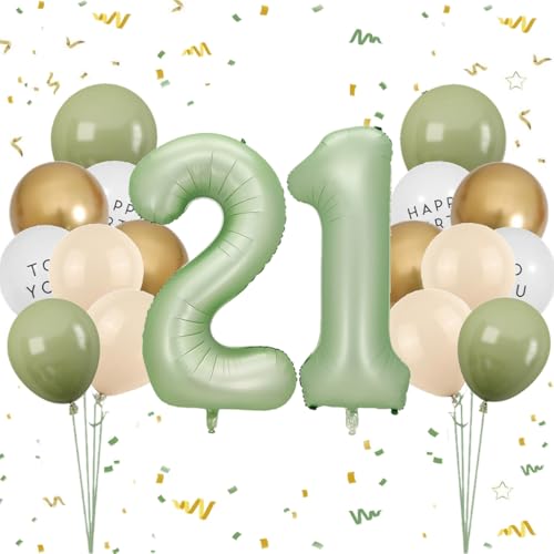 Luftballon 21. Geburtstag Frauen, Salbeigrün Zahl 21 Luftballon Happy Birthday Deko 21 Jahre Party Deko, Latexballons Olive Grün Gold Ballons 21 Grün, Olivgrün Geburtstagsdeko 21 Jahre Mann Frau von Feelairy