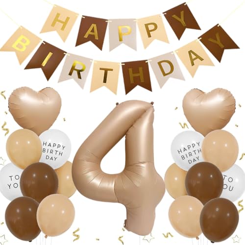 Luftballon 4. Geburtstag Mädchen, Folienballon 4 Braun Deko 4. Geburtstag Junge, Geburtstagsdeko Beige Braun Ballons Beige Aprikose Herz Ballons Happy Birthday Deko für 4 Jahre Mädchen Junge von Feelairy