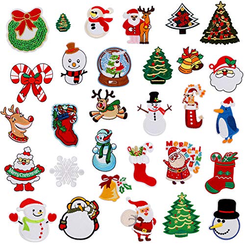 Feelava Weihnachts-Bügelbild zum Aufbügeln,30er Pack Santa Snowman Tree Snowfake Elk Aufgestickte Aufnäher,DIY-Motivapplikationen für Jeans Kleidung Weihnachtsfest Party Dekorative Abziehbilder von Feelava