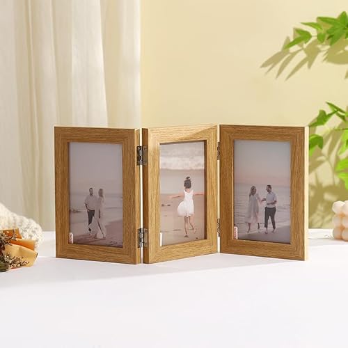 Feelhap Bilderrahmen Collage Holz 3 Bilderrahmen Holz für 3 Fotos Dreifach Faltbarer Rahmen Aufklappbar Holz Fotorahmen Portraitrahmen Rahmen Frame Familie Hochzeit Geschenke, Holzfarbe (10 x 15 cm) von Feelhap