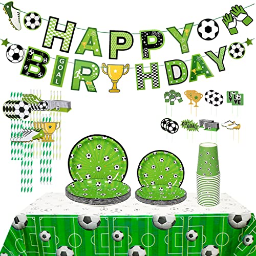 Feelhap Fußball Party Dekorationen,Jungen Partygeschirr Set 86 Stück Papier Geschirr Set,16 Gäste Kindergeburtstag Partyzubehör Set,Pappteller Tischdecke Pappbecher Strohhalme Banner Cake Toppers von Feelhap