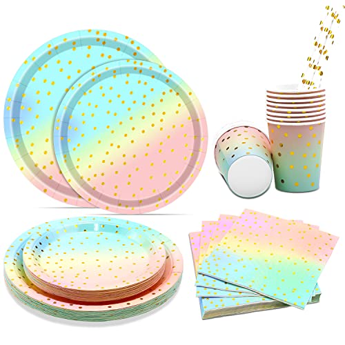 Feelhap Partygeschirr Set für 25 Gäste,125 Stück Partygeschirr Kindergeburtstag Regenbogen Party Set mit Papier Teller Tassen Servietten Strohhalme,Rosagold Geschirr Set (Tägliche Party Geschirr) von Feelhap