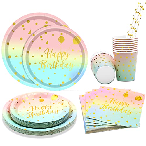 Partygeschirr Set,Feelhap Partygeschirr Kindergeburtstag für 25 Gäste,Regenbogen Party Set mit 125 Stück Papier Teller Tassen Servietten Strohhalme,Rosagold Geschirr Set (Geburtstag Party Geschirr) von Feelhap