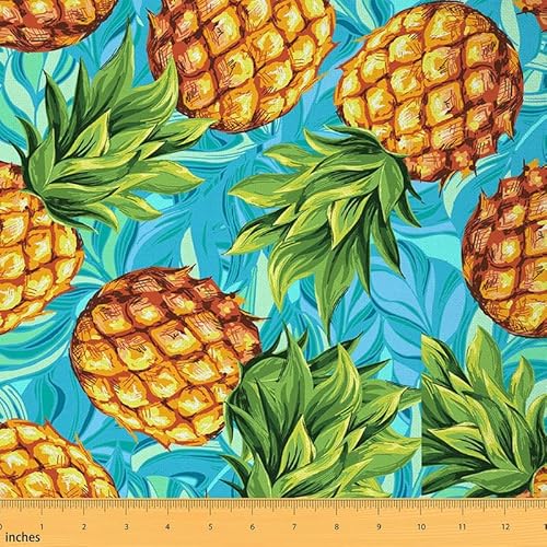 Feelyou Ananas-Stoff pro Yard, Boho-Exotischer Stil, botanisches Blattmuster, Polsterstoff für Stühle, frisches Ananas-Muster, dekorativer wasserdichter Outdoor-Stoff, 91 cm, Grün / Gelb / Blau von Feelyou