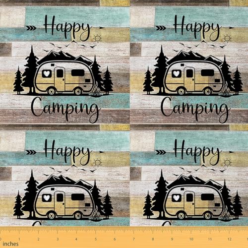 Feelyou Happy Camping Polsterstoff für Stühle, grün, 91 cm, Camper-Stoff von The Yard Decor RV Camping Dekorativ Wasserdicht Outdoor Stoff Rustikaler Holzstoff Meterware Outdoor Stoff von Feelyou