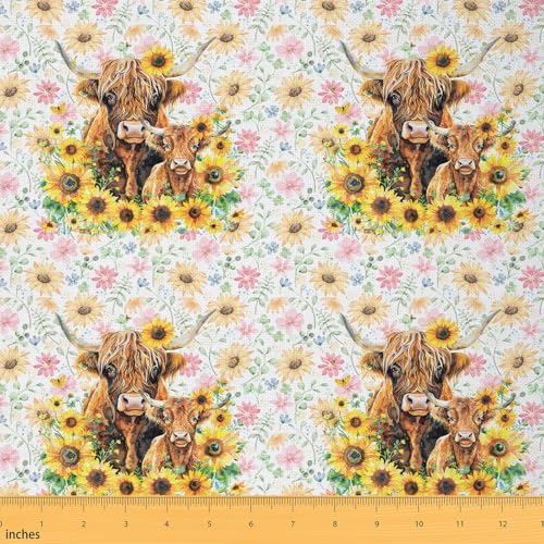 Feelyou Highland Cow Fabric by The Yard Sonnenblume Niedliche Bauernhoftiere Polsterstoff für Stühle, Blume, Blumenmuster, Dekorativer wasserdichter Outdoor-Stoff, 91 cm von Feelyou