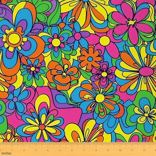 Feelyou Retro Hippie Flower Fabric by The Yard 3 Yards 60S 70S Groovy Decorative Waterproof Fabric Cartoon Vintage Boho Plant Floral Botanical Polsterstoff für Stühle Gelb Blau Stoff von Feelyou