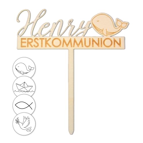 FEENSTAUB Cake Topper aus Holz, Tortendeko Kommunion mit Namen, personalisierter Torten Topper Kommunion, Konfirmation Tortendeko, Kommunion Deko Torte, Kuchenstecker, Kuchendeko Symbol von Feenstaub