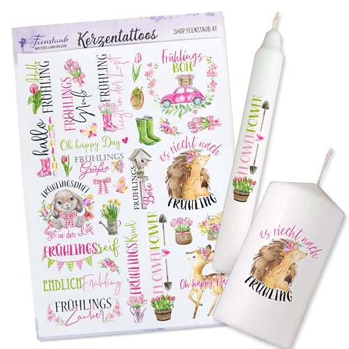 FEENSTAUB Kerzentattoos Frühling, frühlingshafte Kerzen Aufkleber, Kerzenfolie Ostern, Frühlingsstimmung, Frühlingsdeko gestalten, Kerzenfolie Sprüche, Kerzen beschriften Folie von Feenstaub