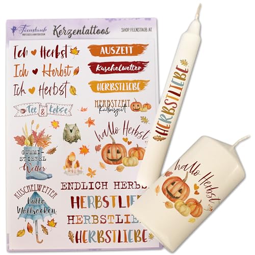 FEENSTAUB Kerzentattoos Herbst, Wasserschiebefolie Kerzen A5, Deko Herbst, Kerzensticker mit Herbstmotiven, Herbst Dekoration, Kerzenaufkleber, Kerzen dekorieren, Kerzen Tattoofolie Herbstliebe von Feenstaub