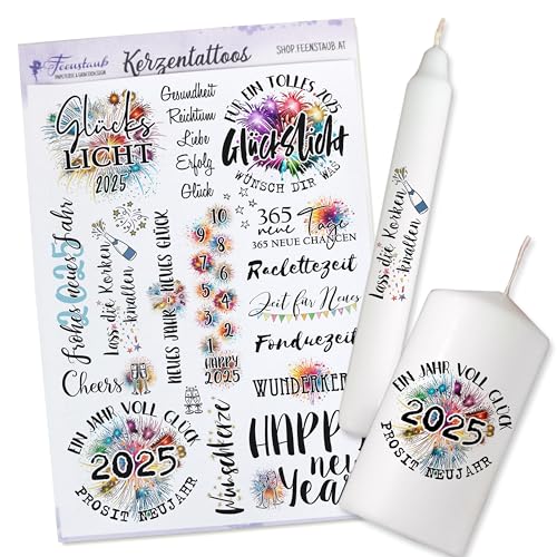 FEENSTAUB Kerzentattoos Silvester, Kerzen Tattoofolie, Mitbringsel Silvester, Silvester Kerze 2025, Kerzentattoos Glückslicht, Neujahrsgeschenk, Silvester Glücksbringer, Silvester Sticker von Feenstaub