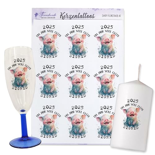 FEENSTAUB Kerzentattoos Silvester, Kerzen Tattoofolie, Mitbringsel Silvester, Silvester Kerze 2025, personalisierbare Kerzenaufkleber, Glassticker, Glücksbringer Silvester, Glücksschwein von Feenstaub