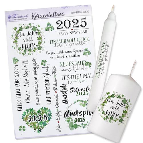 FEENSTAUB Kerzentattoos Silvester, Kerzen Tattoofolie, Mitbringsel zu Silvester, Silvester Kerze 2025, Neues Jahr Geschenk, Kerzen Transferfolie, Silvester Sticker, Silvester Glücksbringer von Feenstaub