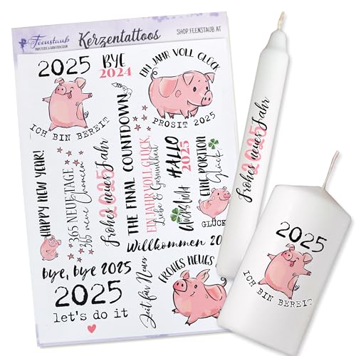 FEENSTAUB Kerzentattoos Silvester, Kerzen Tattoofolie Glücksschwein, Mitbringsel Silvester, Silvester Kerze 2025, Kerzentattoos Glückslicht, Neujahrsgeschenk, Silvester Glücksbringer von Feenstaub