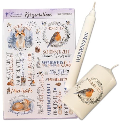 FEENSTAUB Kerzentattoos Weihnachten, Kerzenfolien Weihnachten DIN A5, Wasserschiebefolie Kerzen, Kerzenfolie Frohe Weihnachten, Kerzensticker Advent, Kerzen Aufkleber Weihnachten, Waldtiere von Feenstaub