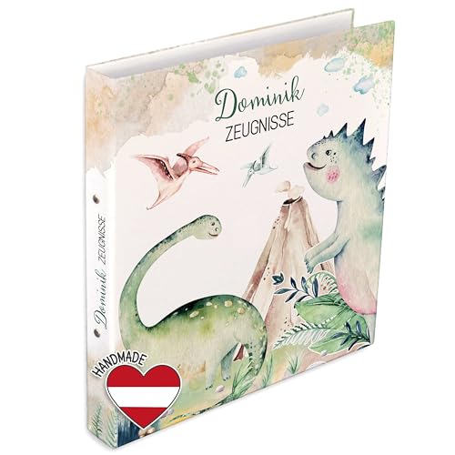 FEENSTAUB Personalisierte Zeugnismappe mit Namen und Text, Dokumentenmappe für Zeugnisse, Ordner A4 schmal Kinder, Zeugnisringbuch A4, Zeugnisordner, Geschenk Einschulung, Mappe Dinos von Feenstaub