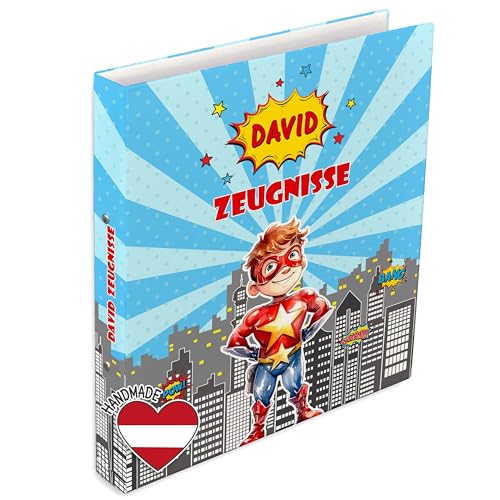 FEENSTAUB Personalisierte Zeugnismappe mit Namen und Text, Dokumentenmappe für Zeugnisse, Ordner A4 schmal Kinder, Zeugnisringbuch A4, Zeugnisordner, Geschenk Einschulung, Mappe Superheld von Feenstaub